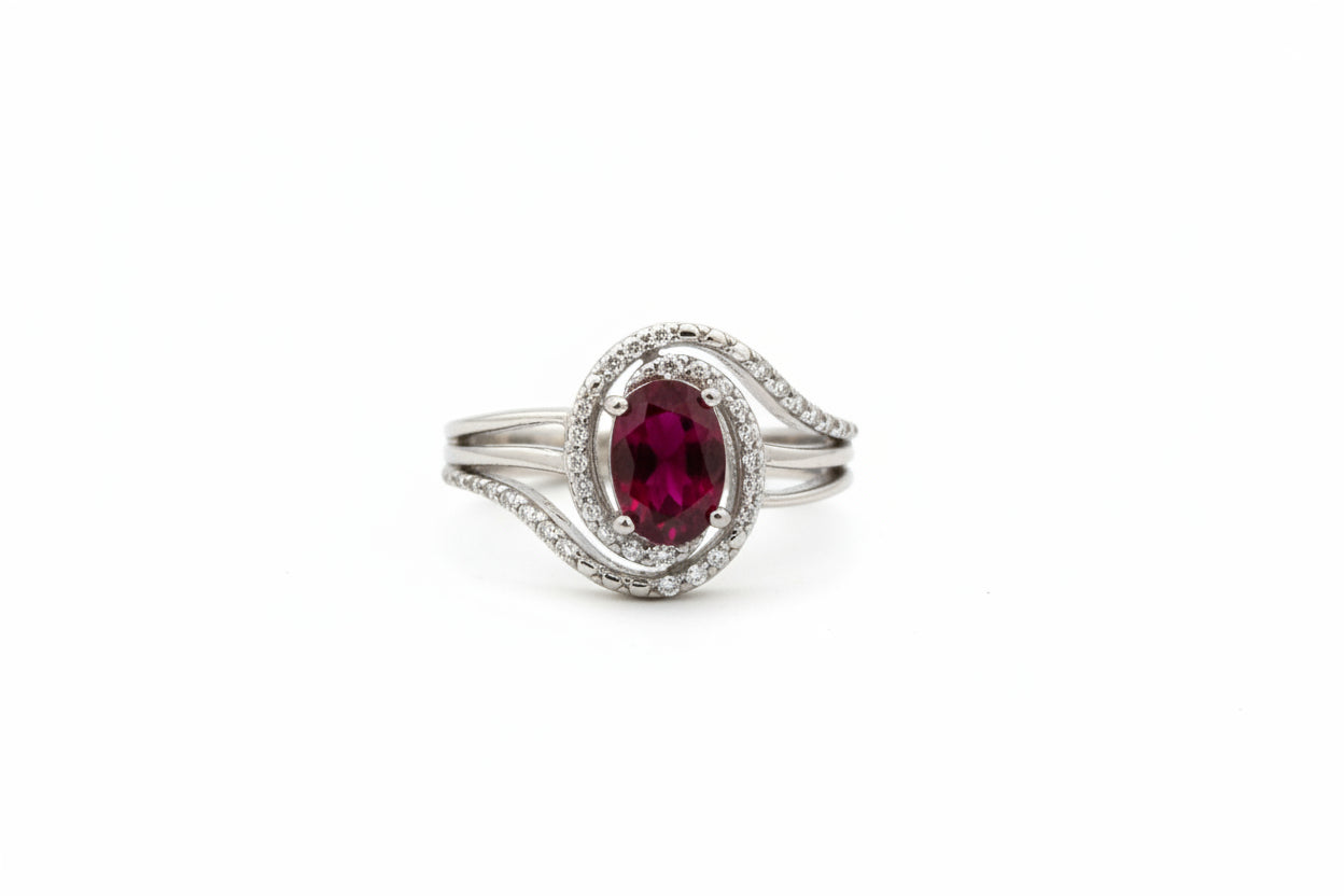 925 Sterling Silver Oval Cut Ruby and Diamond Ring