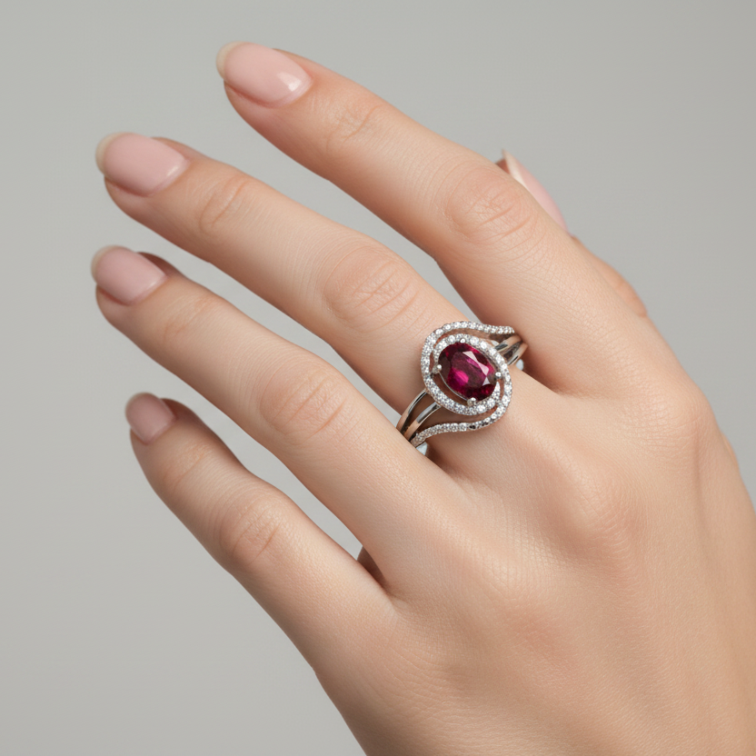 925 Sterling Silver Oval Cut Ruby and Diamond Ring