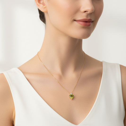 10k Yellow Gold Heart Shaped Peridot with Diamond Pendant Necklace,P:0.6ct