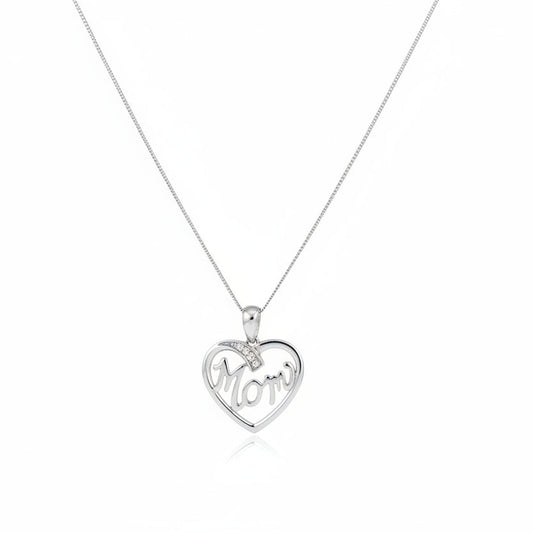 10k White Gold  Letter "MOM" with Diamond Necklace