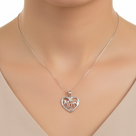 10k White Gold  Letter "MOM" with Diamond Necklace