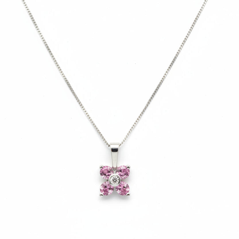 10k White Gold Pink Topaz Flower with Diamond Necklace