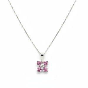 10k White Gold Pink Topaz Flower with Diamond Necklace