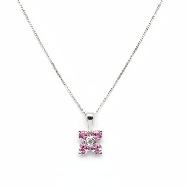 10k White Gold Pink Topaz Flower with Diamond Necklace