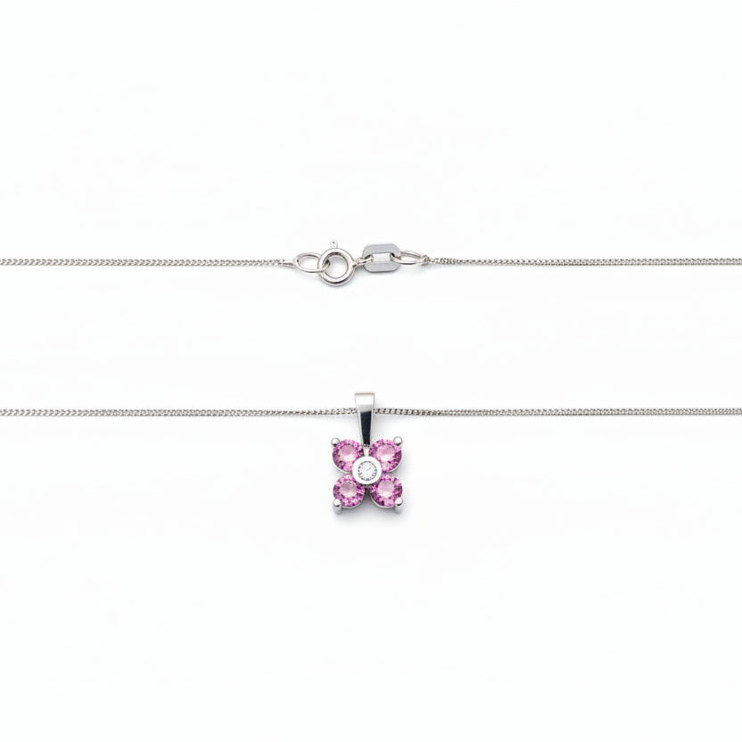 10k White Gold Pink Topaz Flower with Diamond Necklace