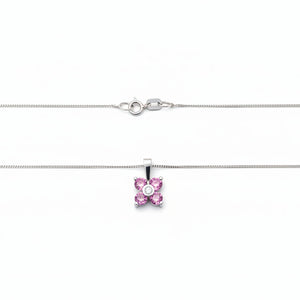 10k White Gold Pink Topaz Flower with Diamond Necklace
