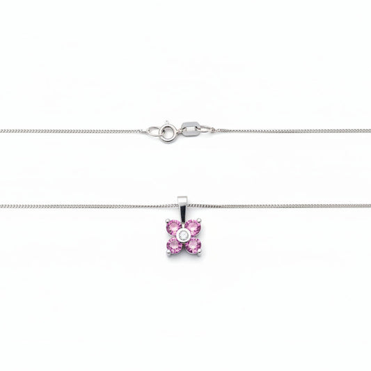 10k White Gold Pink Topaz Flower with Diamond Necklace