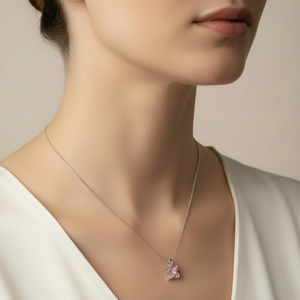 10k White Gold Pink Topaz Flower with Diamond Necklace