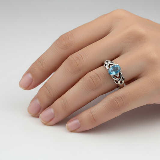 925 Sterling Silver Blue Topaz and White Cubic Zirconia Ring