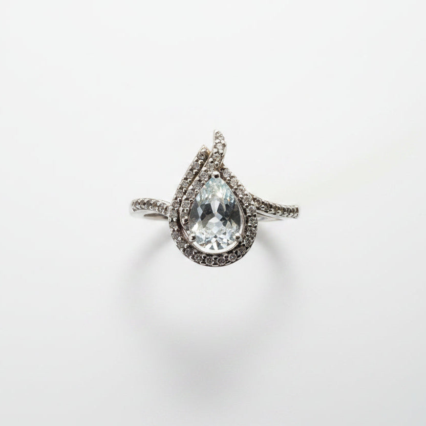 925 Sterling Silver Teardrop Blue Topaz and White Cubic Zirconia Ring