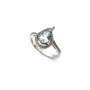 925 Sterling Silver Teardrop Blue Topaz and White Cubic Zirconia Ring