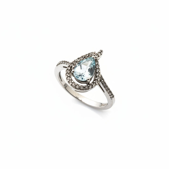 925 Sterling Silver Teardrop Blue Topaz and White Cubic Zirconia Ring