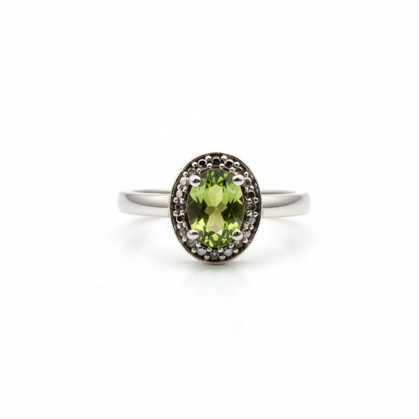 925 Sterling Silver Oval Cut Peridot with White CZ Ring