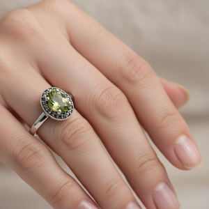 925 Sterling Silver Oval Cut Peridot with White CZ Ring