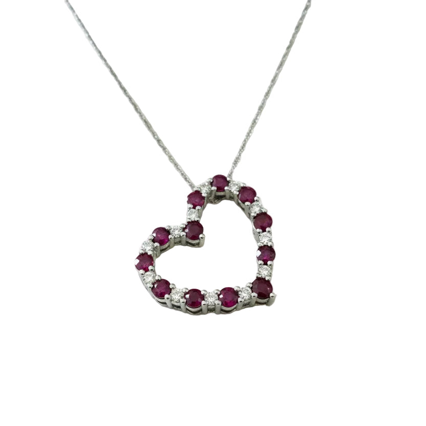 925 Sterling Silver Ruby and Diamond Heart  Necklace