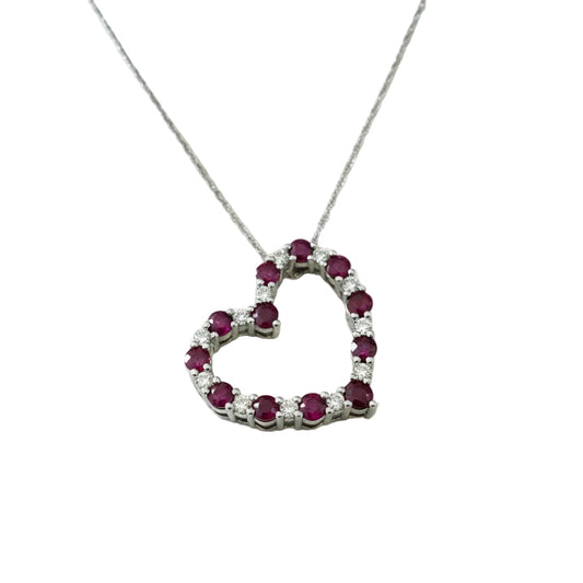 925 Sterling Silver Ruby and Diamond Heart  Necklace
