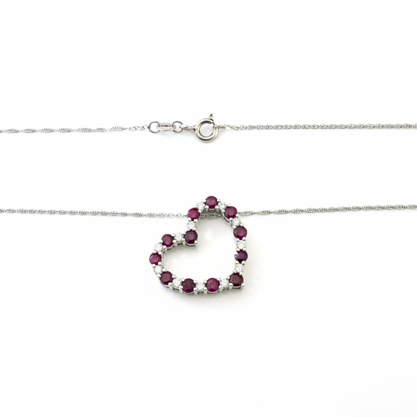 925 Sterling Silver Ruby and Diamond Heart  Necklace