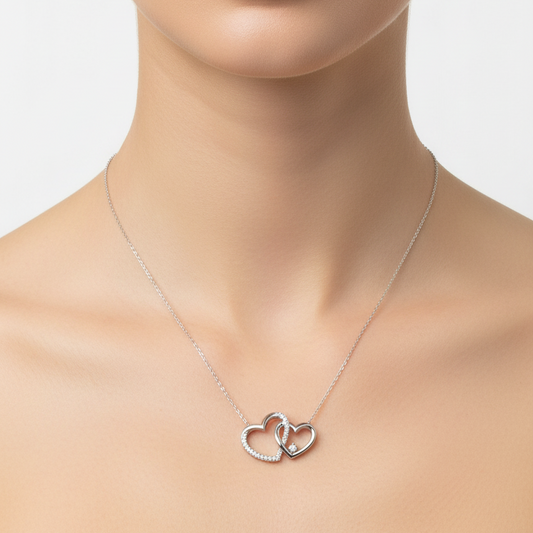 925 Sterling Silver Two Diamond Heart Linked Necklace
