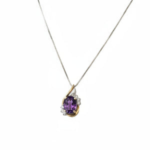 925 Sterling Silver 10k Yellow Gold Amethyst with Diamond Pendant Necklace