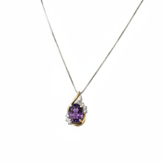 925 Sterling Silver 10k Yellow Gold Amethyst with Diamond Pendant Necklace