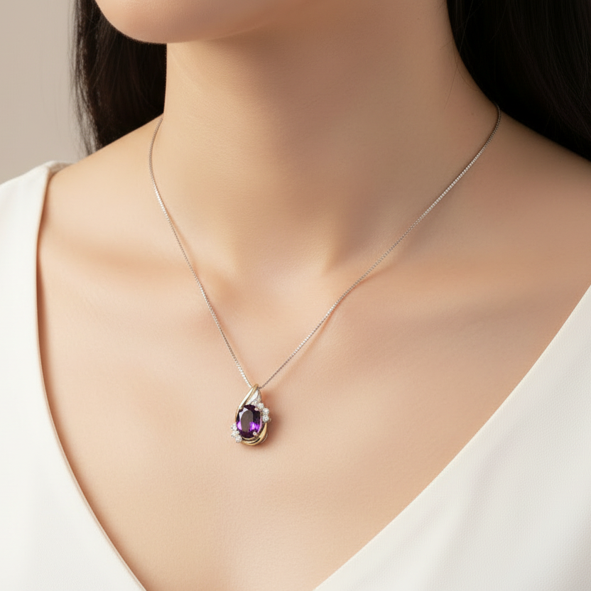 925 Sterling Silver 10k Yellow Gold Amethyst with Diamond Pendant Necklace