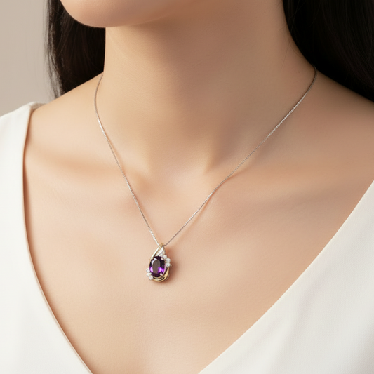 925 Sterling Silver 10k Yellow Gold Amethyst with Diamond Pendant Necklace