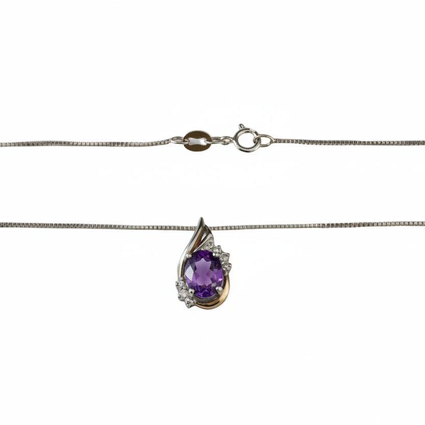 925 Sterling Silver 10k Yellow Gold Amethyst with Diamond Pendant Necklace