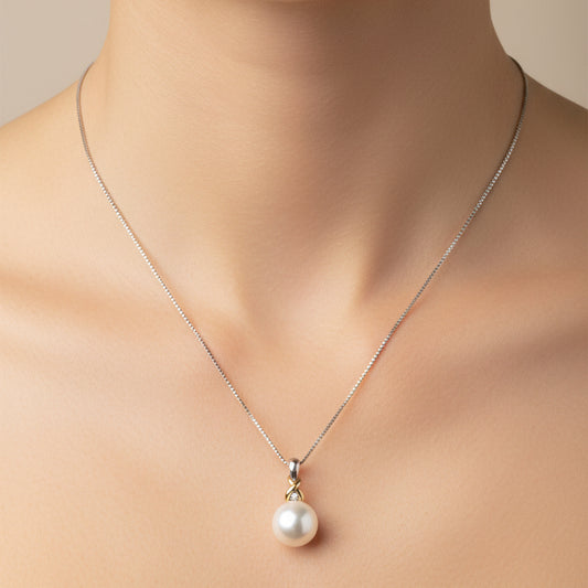 925 Sterling Silver 14k Yellow Gold Pearl with Diamond Necklace
