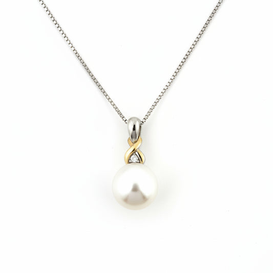 925 Sterling Silver 14k Yellow Gold Pearl with Diamond Necklace