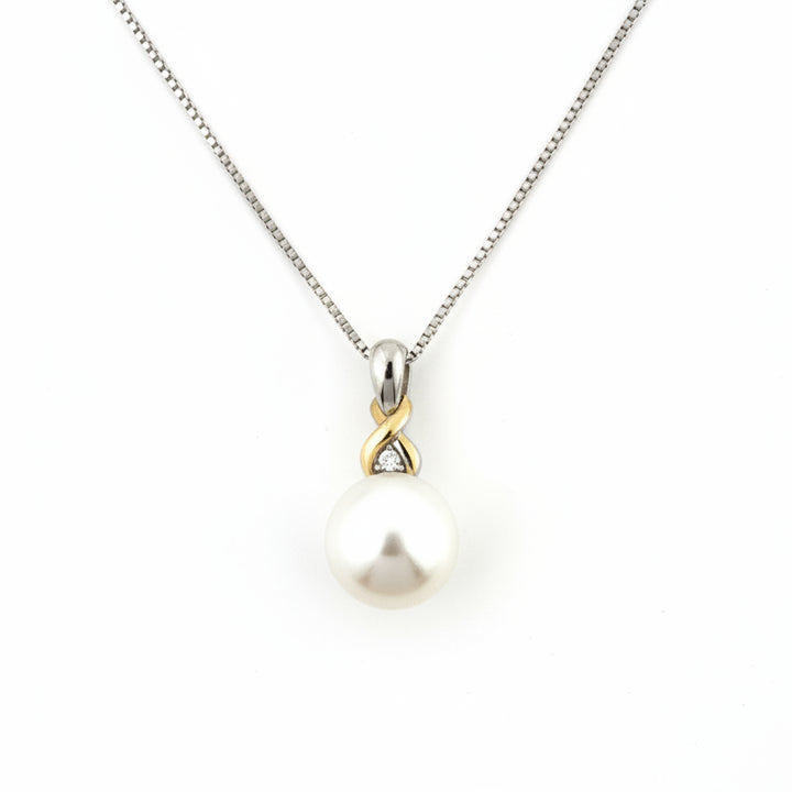925 Sterling Silver 14k Yellow Gold Pearl with Diamond Necklace