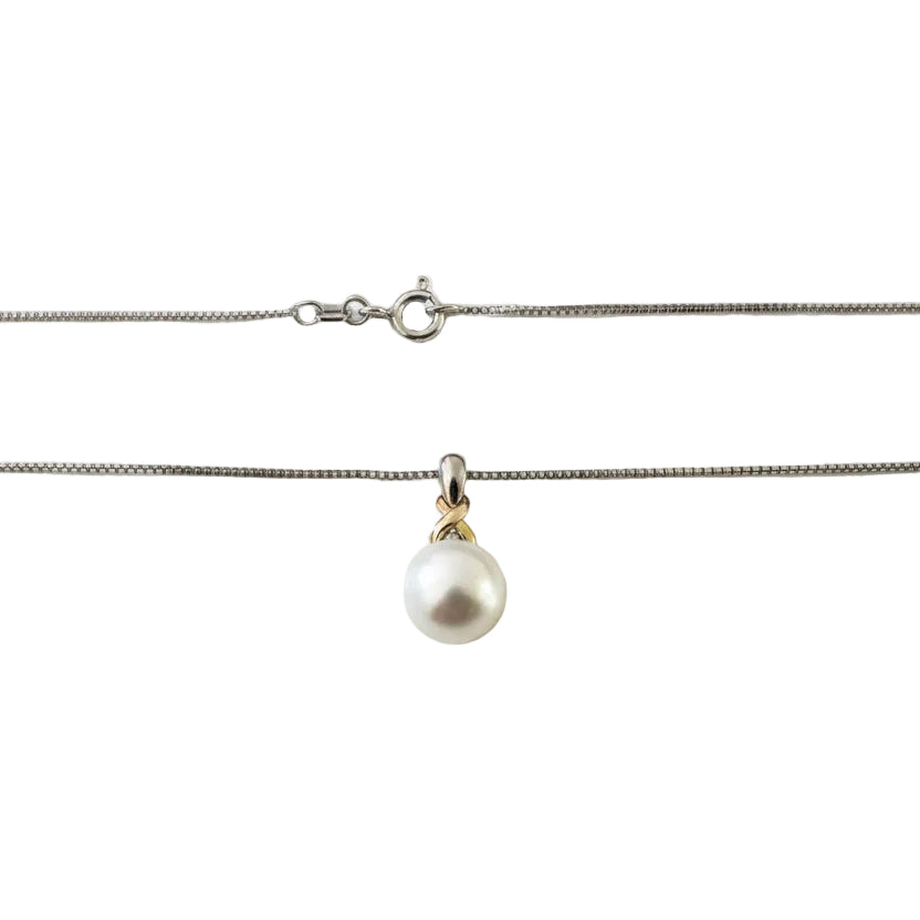 925 Sterling Silver 14k Yellow Gold Pearl with Diamond Necklace