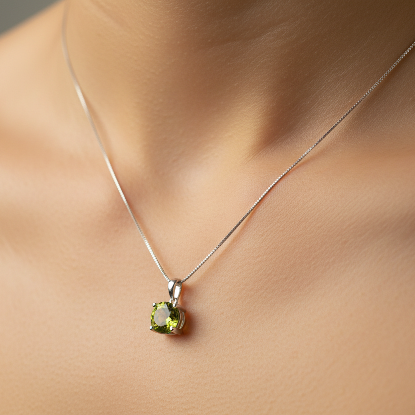 925 Sterling Silver Round Green Cubic Zirconia Necklace