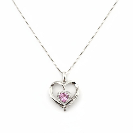 925 Sterling Silver Diamond Heart with Pink Cubic Zirconia Inside Necklace