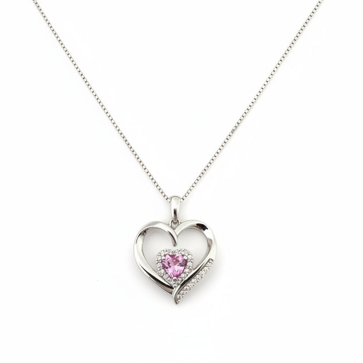 925 Sterling Silver Diamond Heart with Pink Cubic Zirconia Inside Necklace