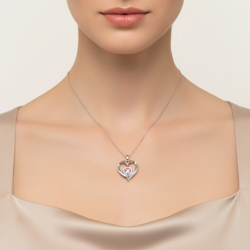 925 Sterling Silver Diamond Heart with Pink Cubic Zirconia Inside Necklace