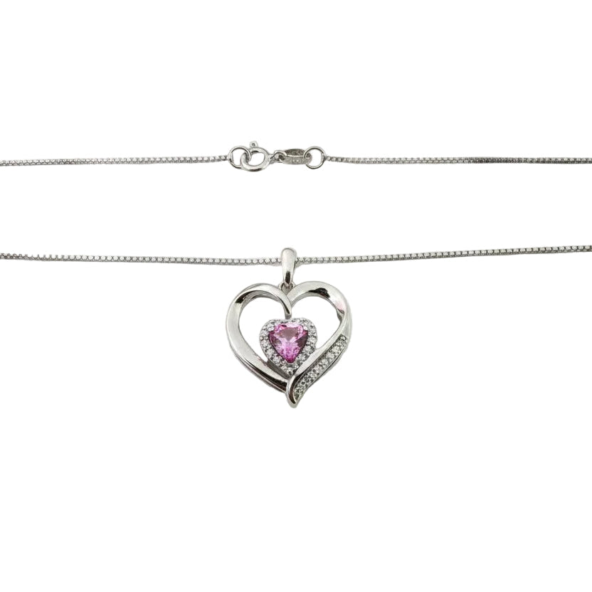 925 Sterling Silver Diamond Heart with Pink Cubic Zirconia Inside Necklace