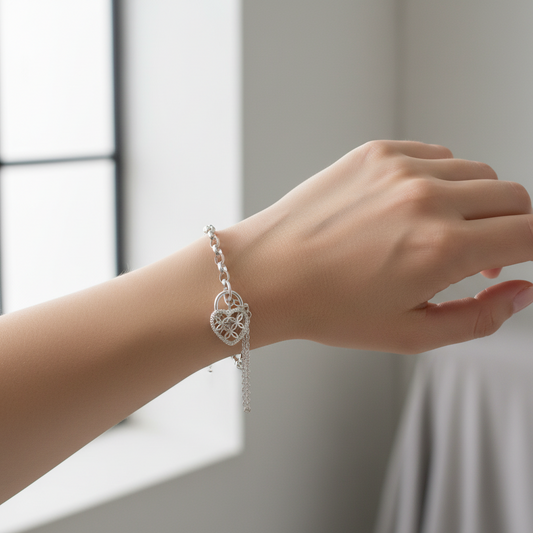 925 Sterling Silver Heart Filigree Padlock Bracelet