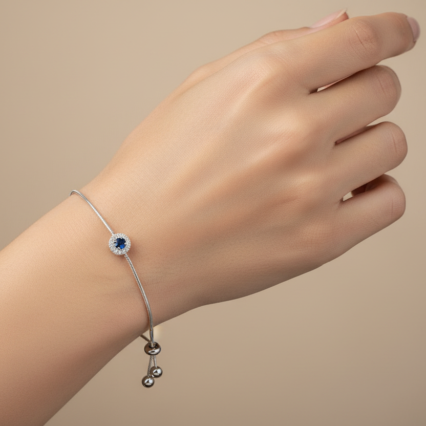 925 Sterling Silver Sapphire and Diamond Adjustable Bolo Bracelet