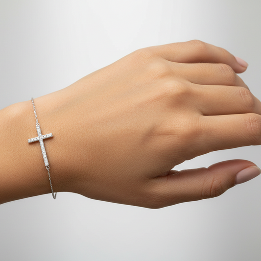 925 Sterling Silver Diamond Cross Chain Bracelet