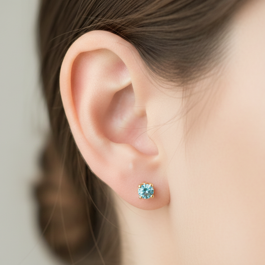 10k Yellow Gold Round Cut Blue Topaz Stud Earrings
