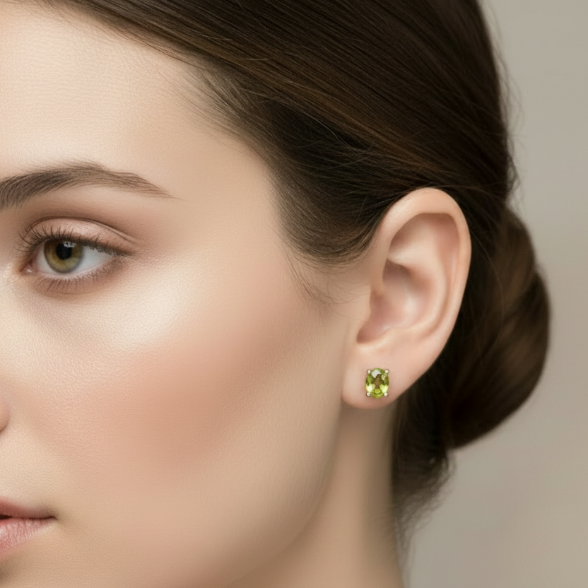 14k White Gold Oval Cut Peridot Stud Earrings