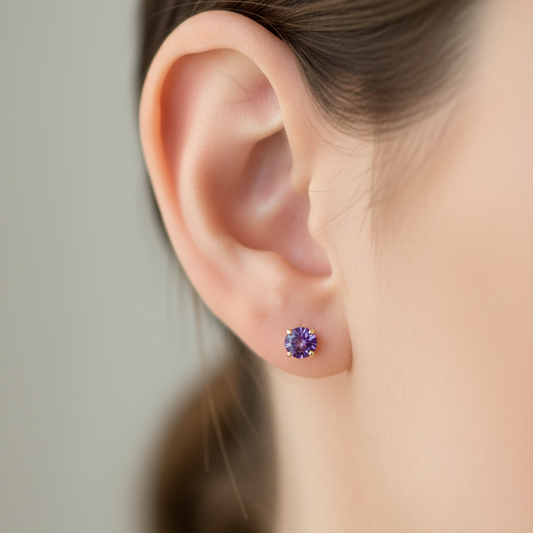 14K Yellow Gold Round Amethyst Stud Earrings