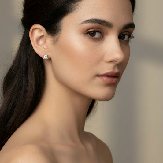 14K Yellow Gold Squared Shape Aquamarine Stud Earrings