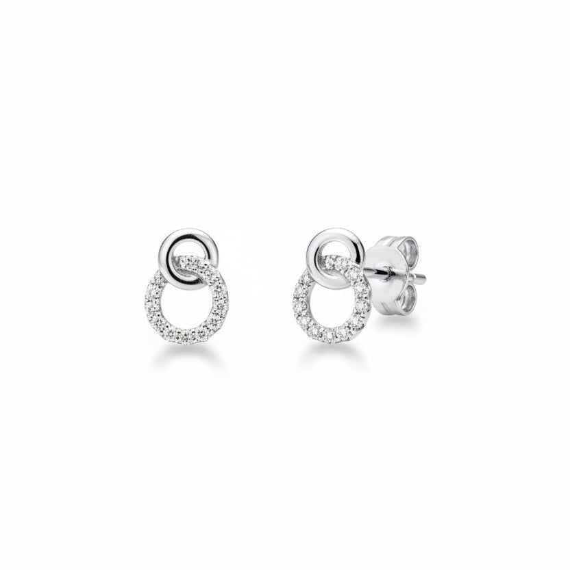14k White Gold Two Circles Interlocked Diamond Stud Earrings