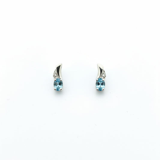 14k White Gold Oval Cut Blue Topaz and Diamond Stud Earrings