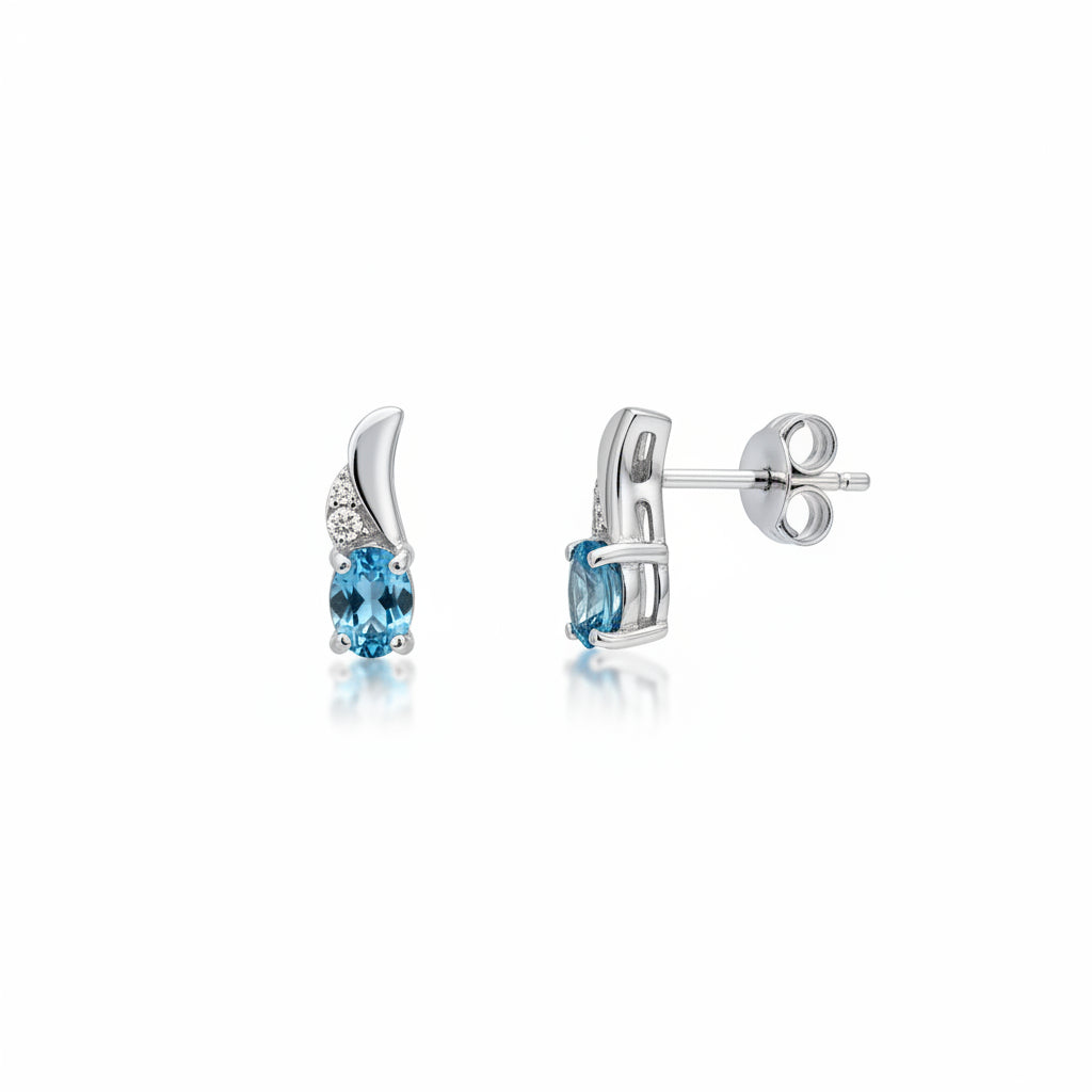 14k White Gold Oval Cut Blue Topaz and Diamond Stud Earrings