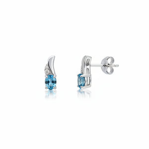 14k White Gold Oval Cut Blue Topaz and Diamond Stud Earrings
