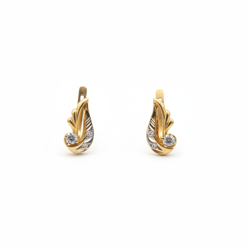 14K Yellow Gold Leaf Shape with CZ Russian-Style Lever Back Earrings