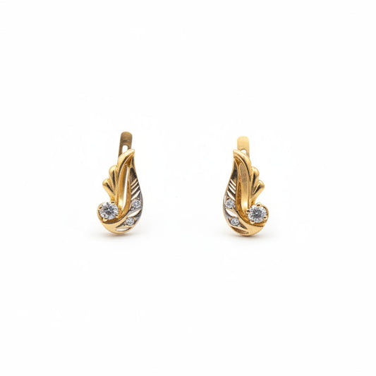 14K Yellow Gold Leaf Shape with CZ Russian-Style Lever Back Earrings