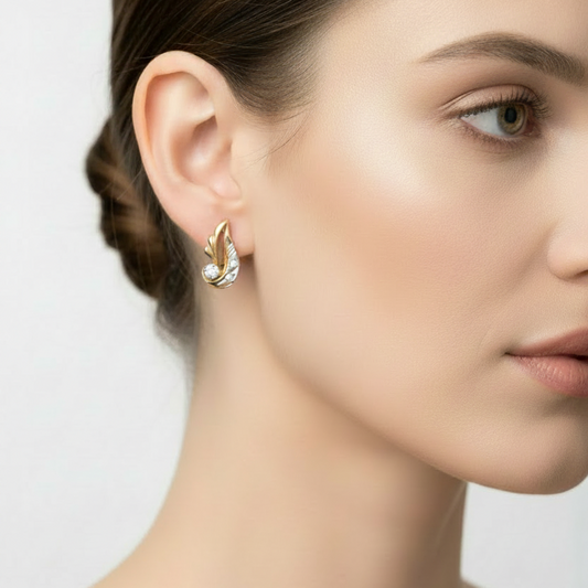 14K Yellow Gold Leaf Shape with CZ Russian-Style Lever Back Earrings